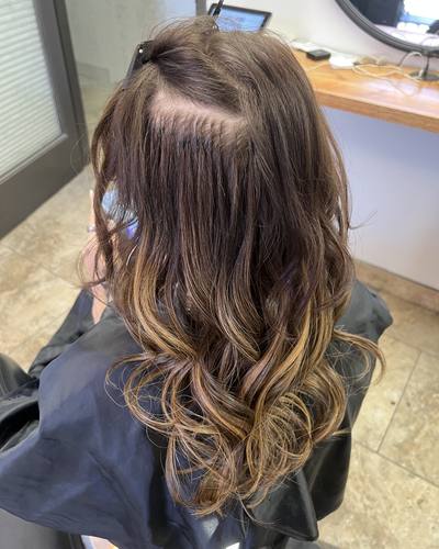 Back view with a bond row visible at the part and long, curled brunette-to-caramel length below