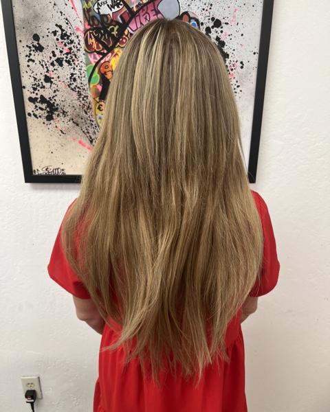 Back view of long, straight blended blonde weft extensions