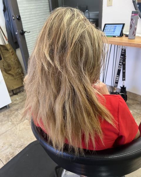 Before: client's natural shoulder-length blonde hair, thin and uneven at the ends